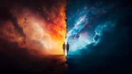 Fototapeta premium Two figures stand on a border between vibrant hues of red and orange on one side and cool blues and purples on the other. This artwork symbolizes the balance of spiritual paths and inner exploration.