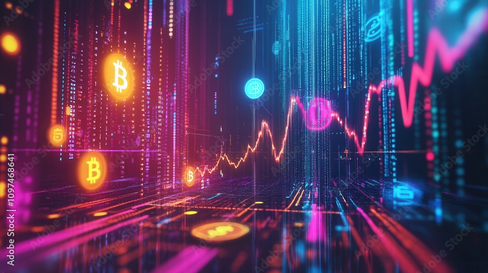 Poster vibrant cryptocurrency bitcoin stock market data visualization abstract neon graph with digital curr