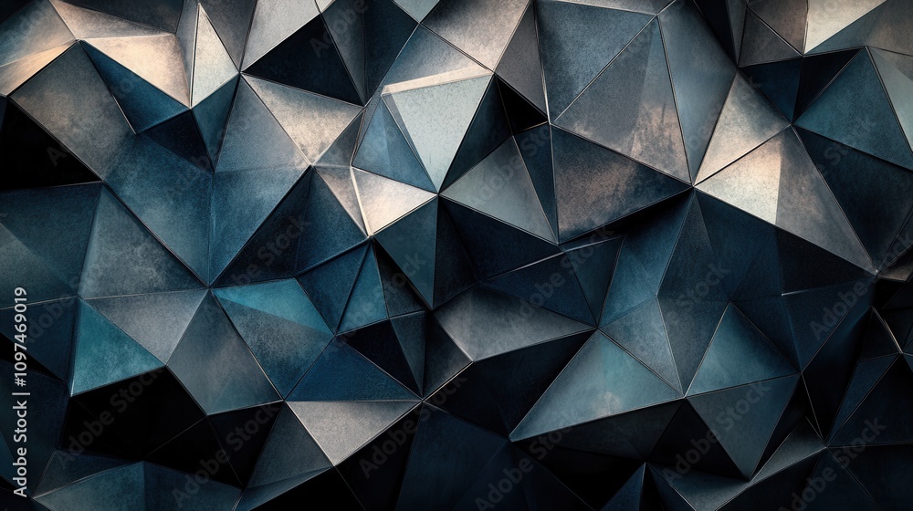 Poster abstract dark blue and black geometric triangular pattern background - 3d low poly metal texture