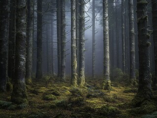 Obraz premium Enchanting Foggy Forest Moss-Covered Trees and Mystical Atmosphere in a Dense Woodland