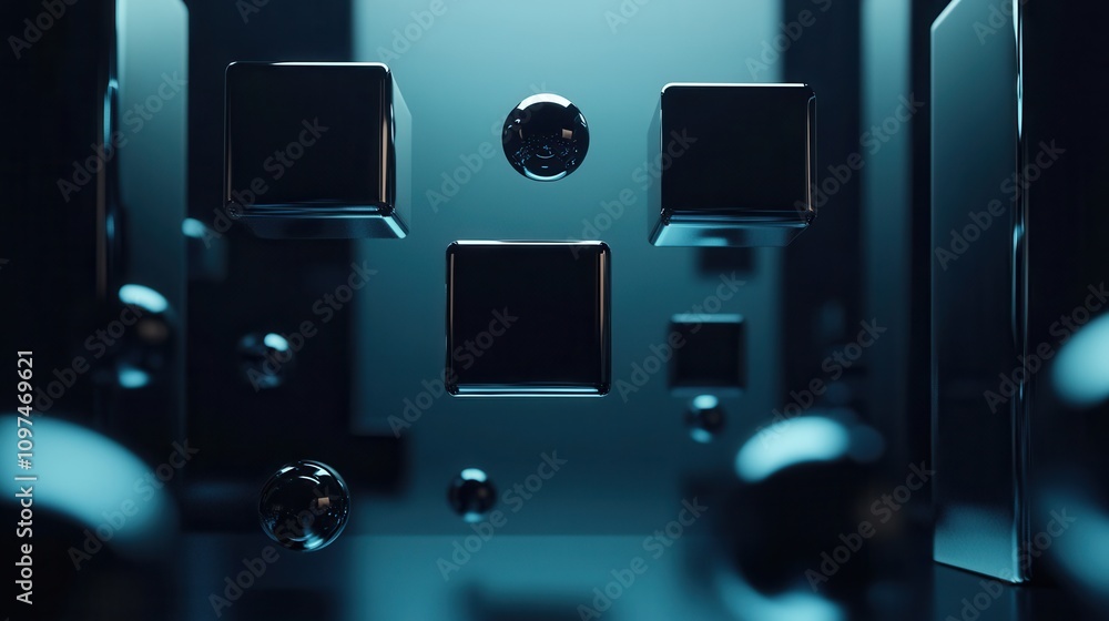 Poster abstract 3d render of floating cubes and spheres in dark teal - futuristic technology background