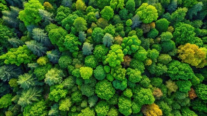 Naklejka premium Aerial top view of lush green forest with a variety of trees, aerial, top view, forest, trees, nature, greenery, foliage