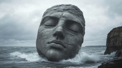 Serene Stone Face Emerging from Stormy Sea Dramatic Coastal Rock Formation Sculpture