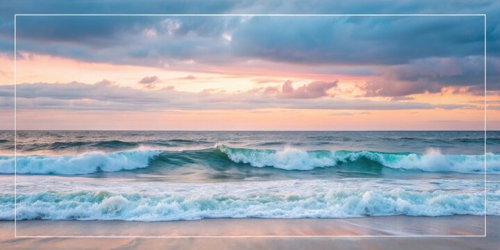 Serene ocean waves rolling onto a sandy shore at sunset, displaying a breathtaking pastel sky