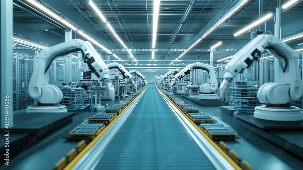 Aufkleber automated manufacturing line futuristic robotic assembly process in modern factory - high-tech indus
