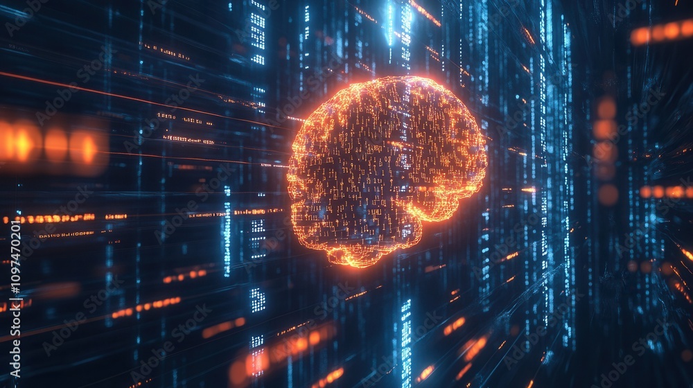 Poster futuristic digital brain ai, neural network, data stream, and technology concept abstract stock imag