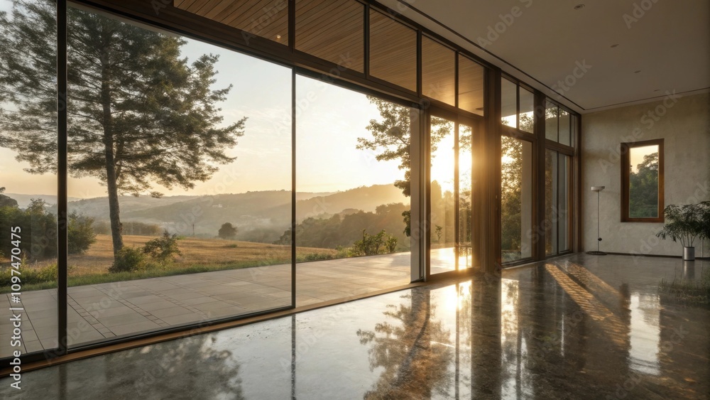 Poster sunlight filters through expansive sliding doors illuminating the interior with a warm glow while ca