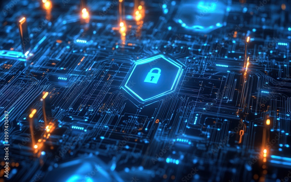 Poster cybersecurity concept glowing hexagon with padlock icon on futuristic circuit board - digital data p