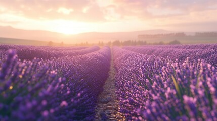 Obraz premium Stunning Lavender Field at Sunset Rows of Purple Flowers in Golden Hour Light, Scenic Rural Landscape Photography