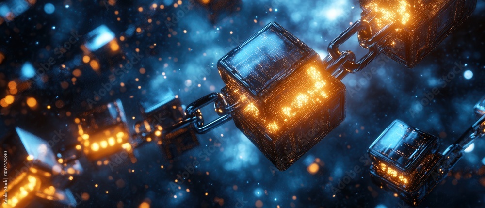 Aufkleber futuristic blockchain technology glowing cubes connected by a metal chain in a dark nebula - abstrac