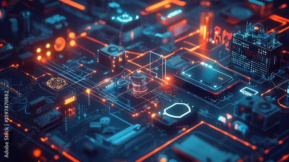 Poster abstract futuristic technology background glowing circuit board with smartphone and digital componen