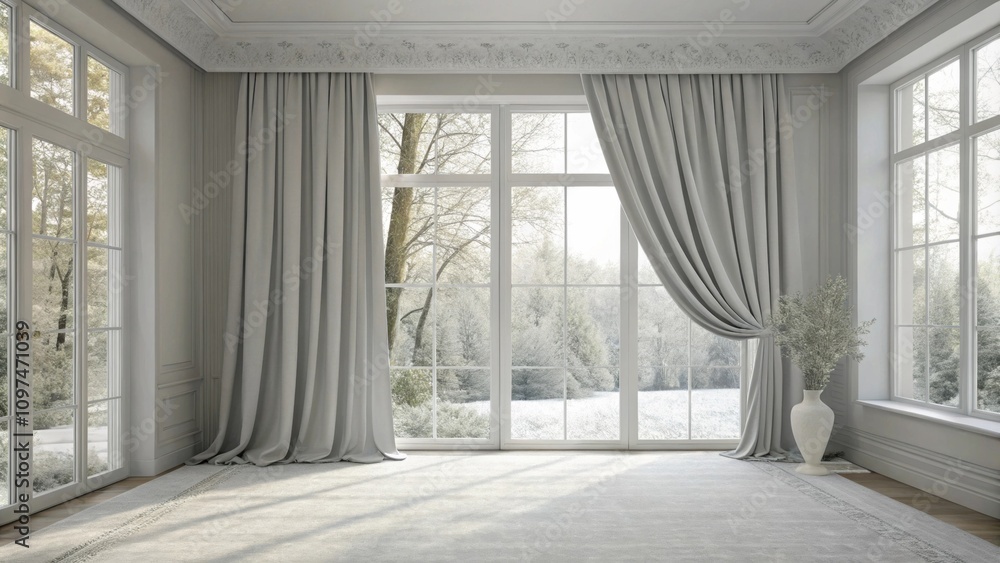 Poster soft silvery drapes frame expansive windows allowing natural light to filter through and create a se