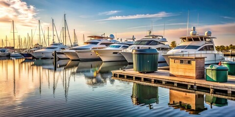 Fototapeta premium Luxury yachts at sunset, peacefully docked in a marina, reflecting on the calm water