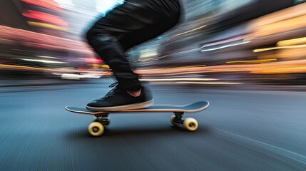 Fototapeta premium Skateboarder in Motion with Blurred City Lights