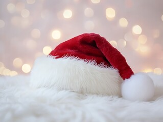 Classic Christmas hat with white fur trim and pom-pom, isolated on a plain white background for a festive winter theme.