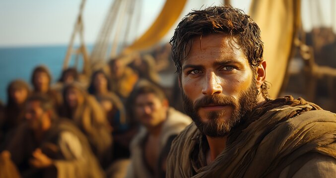 Peter and his disciples in a boat. Pedro e os disc&iacute;pulos em um barco 