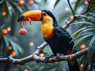 Colorful toucan holding a candy ornament among snowy tropical foliage and lights, digital art of wildlife portrait concept.