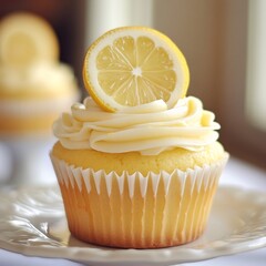 Moist and fluffy lemon cupcake with creamy frosting and lemon slice on top