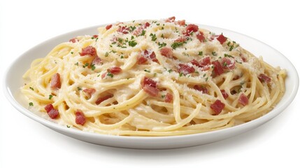 A mouthwatering plate of spaghetti carbonara with crispy pancetta, creamy egg sauce, and grated pecorino cheese