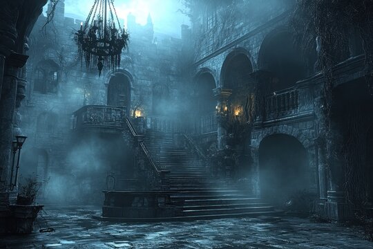 Mysterious castle courtyard at night, stone stairs and gothic architecture. Perfect for fantasy, horror, or mystery themed projects.