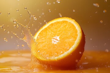 Orange slice splashing in water with droplets, vibrant citrus fruit on yellow background