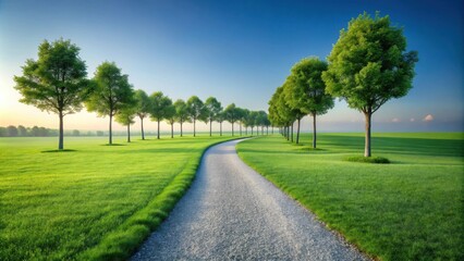 Serene Pathway Winding Through a Lush Green Meadow, Lined with Vibrant Trees at Sunrise