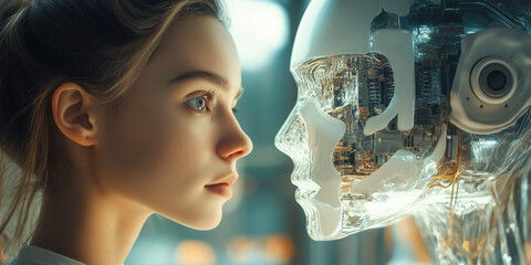 Businesswoman talking with robotic ai futuristic technology