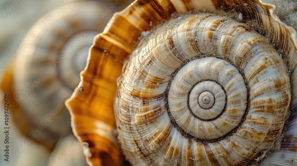 Poster close-up of a spiral seashell with intricate patterns and texture.