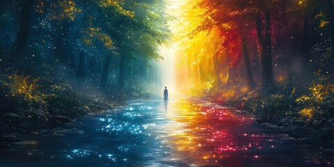 A solitary figure walks a path between contrasting autumnal forests, a luminous stream reflecting the vibrant colors.