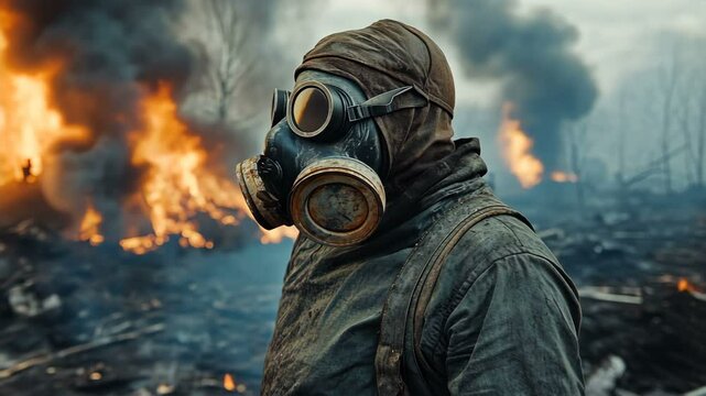 A Survivor Struggling to Navigate in a Toxic and Dangerous Landscape A Gripping Post-Apocalyptic Scene Unfolds