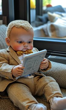 A doll dressed in a suit, reading an e-reader while sitting on a couch.