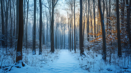 Winter forest scene with bare trees and snow, soft blue hues, serene and tranquil atmosphere. Chilled Frostbite Forest. Illustration