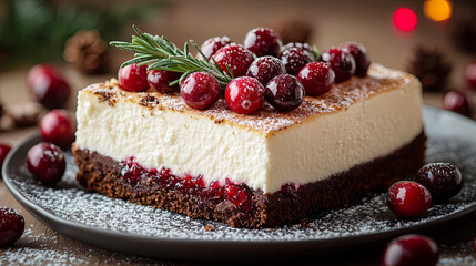Gingerbread cheesecake. Cookies and cream cheese with marshmallow, fresh cranberry and rosemary. Festive new year dessert.