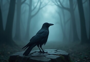 A solitary black crow stands on a mist-covered stone surface within a mysterious and foggy forest setting, evoking a sense of foreboding and intrigue