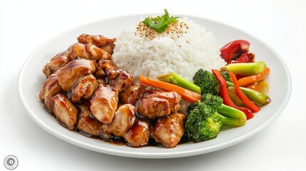 A mouthwatering plate of teriyaki chicken served with steamed rice and stir-fried vegetables, Each piece of chicken's glazed coating and tender texture highlighted