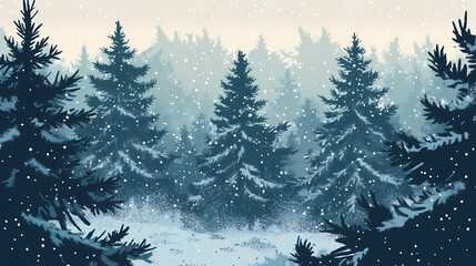Fototapeta premium Snow gently falling over a dense pine forest. Chilled Frostbite Forest. Illustration