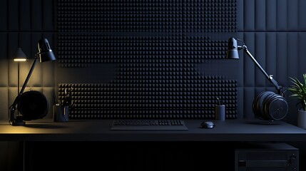 A professional podcast studio featuring a black table, microphones on scissor arms, headphones, and a sound-treated wall with acoustic foam tiles.