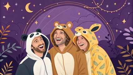 A group of friends adorned in whimsical animal suits smiles joyfully their silhouettes framed by a magnificent backdrop of deep purples and golds.