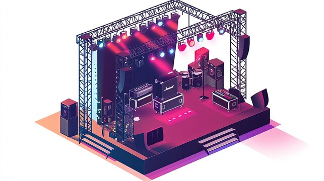 Isometric view of a concert stage setup with lighting, sound system, and instruments.