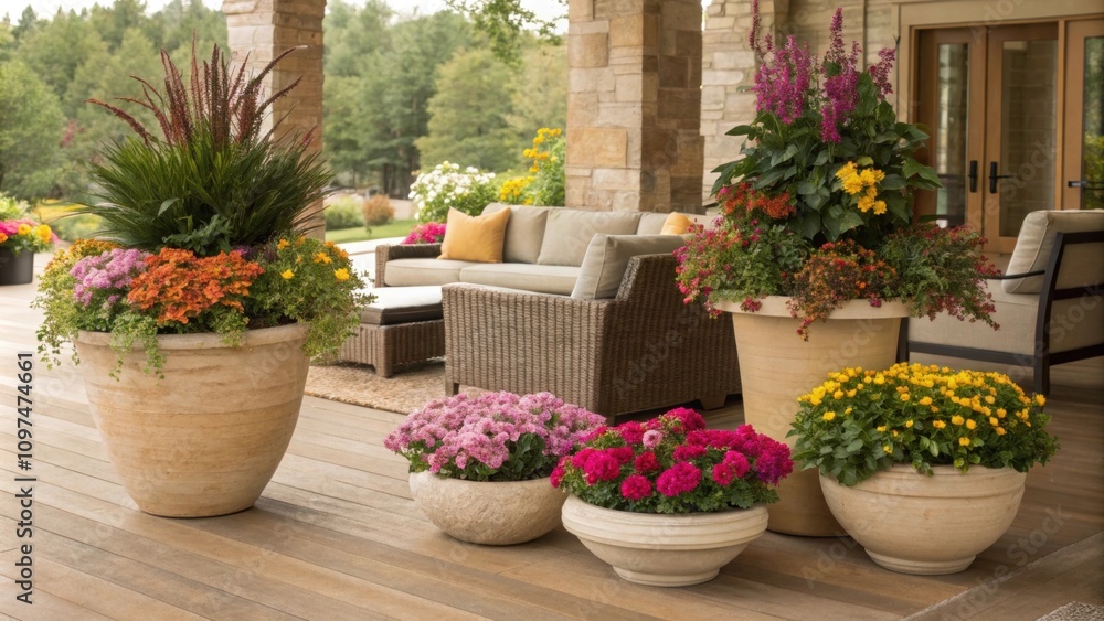 Poster thoughtfully arranged potted plants and colorful blooms add splashes of color and life complementing
