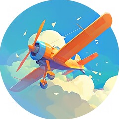 Naklejka premium A retro-styled airplane flying through a rainbow-colored sky. The plane is painted in vibrant colors of orange, yellow, and blue. It is surrounded by fluffy white clouds.