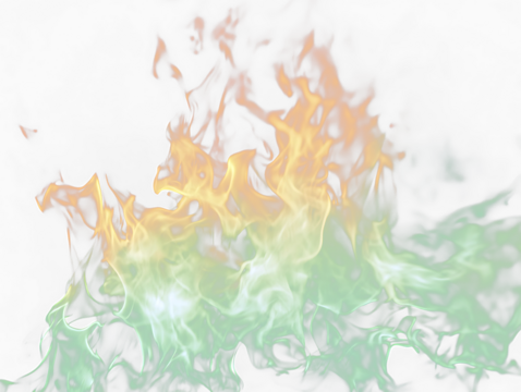 Here's a description following your specifications

 Colorful flames, orange and green fire isolated on black Transparent Background.