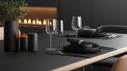 A modern dining table set with minimalist holiday decor, featuring geometric candle holders and monochromatic tones