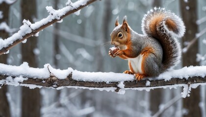 Fototapeta premium A fluffy squirrel perched on a snow-covered tree branch, holding an acorn in its tiny paws