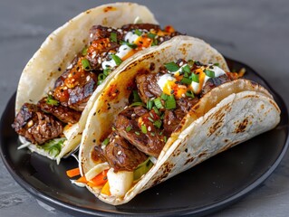 Savor korean bbq tacos at food trucks bulgogi beef with kimchi slaw and gochujang aioli in street food scene