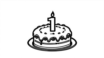 Birthday cake, burning candle, Happy First Birthday badge. Cake with a candle in the form of a number 1