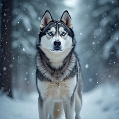 Naklejka premium A close-up of a Siberian Husky standing in a snowy forest