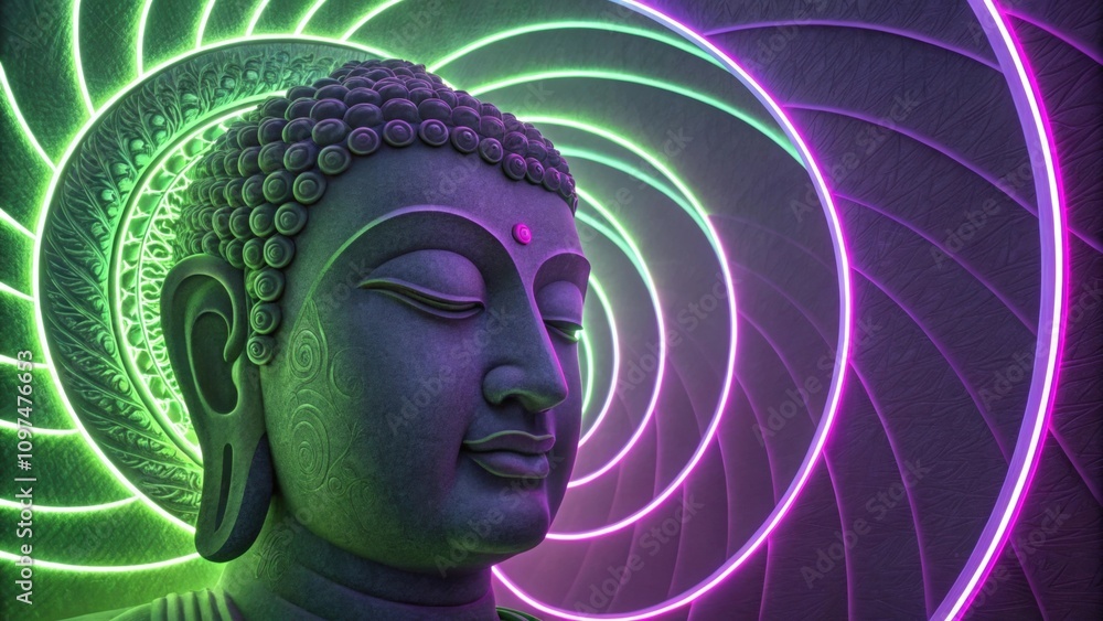 Aufkleber a serene face surrounded by a cascade of neon green and purple layers that intertwine and overlap. t