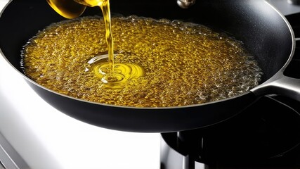 Boiling oil, olive oil boils in a pan. cook in skorod, grease splashes, yellow olive, black skillet