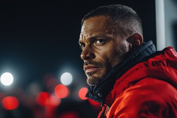 Fototapeta premium Man in red jacket, intense gaze, night setting. Perfect for themes of determination, strength, or urban lifestyle.